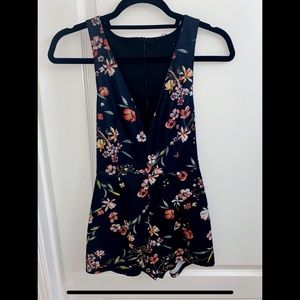 Deep V Neck Floral Romper | Navy & Pink